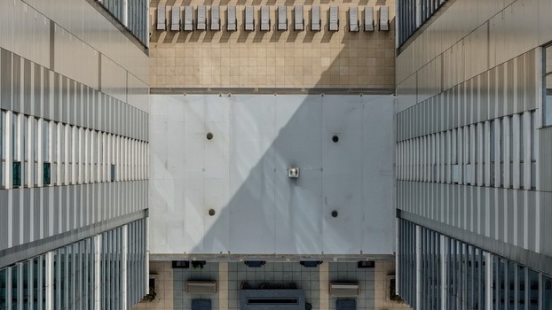 Aerial view of the modern architecture and rooftop terrace of a building in the Cherry Creek area of Denver Colorado United States. Aerial view of the modern architecture and rooftop terrace of a building in the Cherry Creek area of Denver Colorado United States.