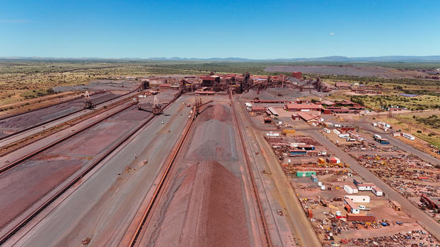 Aerial view of large mining operation with railway lines and processing facilities South Africa Aerial view of large mining operation with railway lines and processing facilities South Africa