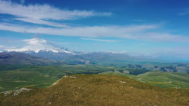 Aerial view of Bermamyt plateau and Mount Elbrus Russia.