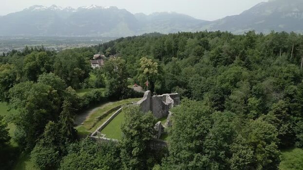 Aerial view of Schellenberg castle ruins Liechtenstein.