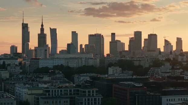 Aerial view of the Warsaw skyline at sunset Poland.
