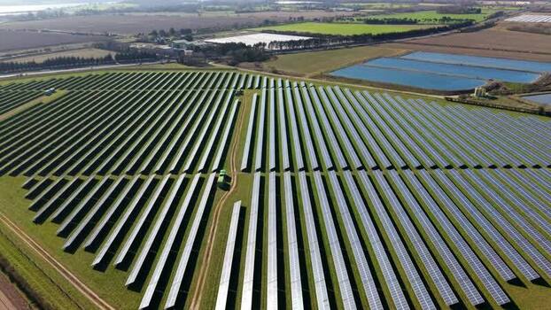Aerial view of Solar Panels and ponds United Kingdom.