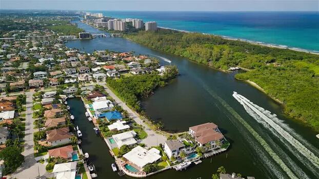 Aerial view of coastal luxury homes and waterways United States.