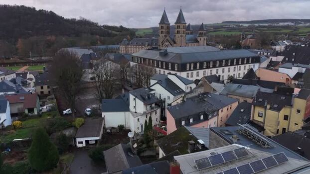 Aerial view of Echternach Abbey and town rooftops Luxembourg.