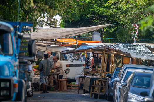 Rio de Janeiro Brazil 07 June 2026 View of a street market with people browsing stalls a white van and parked cars under the shade of trees in the Urca neighborhood.