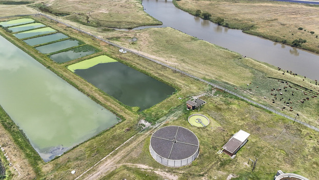 Aerial view of the Vaal River flowing past industrial water treatment ponds and cattle grazing in green fields in Villiers Free State South Africa. Aerial view of the Vaal River flowing past industrial water treatment ponds and cattle grazing in green fields in Villiers Free State South Africa.