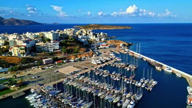 Aerial view of marina with yachts in Crete Greece.