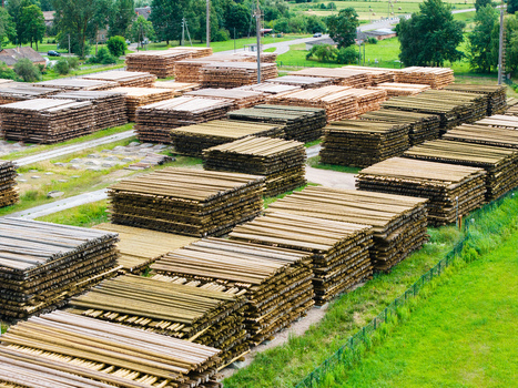 Aerial view of stacked logs in a timber yard showcasing sustainable forestry practices with rows of cut wood and green fields in the background in Latvia. Aerial view of stacked logs in a timber yard showcasing sustainable forestry practices with rows of cut wood and green fields in the background in Latvia.