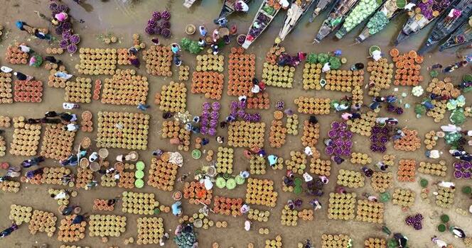 Aerial view of a vibrant vegetable market with boats Bangladesh.