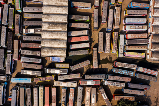 Aerial view of the Gabtoli Bus Terminal with rows of parked buses and terminal infrastructure in Dhaka Dhaka Division Bangladesh.