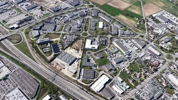 Aerial view of roads and buildings in Sausheim France.