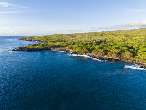 Aerial view of Mahukona Beach Park featuring a rugged volcanic coastline dense green vegetation and vibrant blue ocean waters in Waimea Hawaii United States.