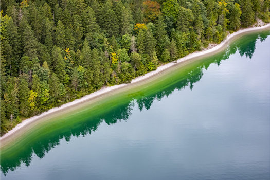 Aerial view of the shoreline where the verdant forest meets the turquoise waters of Plansee Plansee Tyrol Austria. Aerial view of the shoreline where the verdant forest meets the turquoise waters of Plansee Plansee Tyrol Austria.