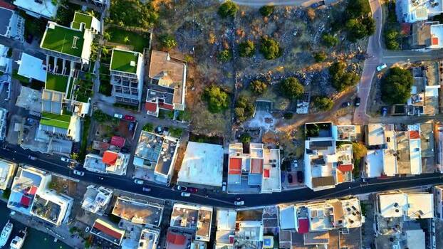 Aerial view of coastal buildings in Crete Greece.