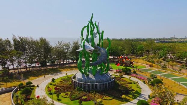 Aerial view of Patung Suroboyo Raksasa statue in Surabaya Indonesia. Aerial view of Patung Suroboyo Raksasa statue in Surabaya Indonesia.