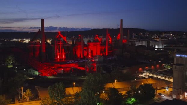 Aerial view of Volklingen Ironworks at dusk Germany. Aerial view of Volklingen Ironworks at dusk Germany.
