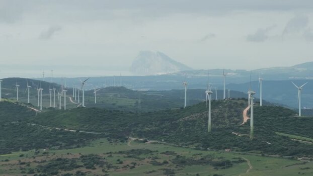 Aerial view of wind turbines and the Rock of Gibraltar Spain. Aerial view of wind turbines and the Rock of Gibraltar Spain.