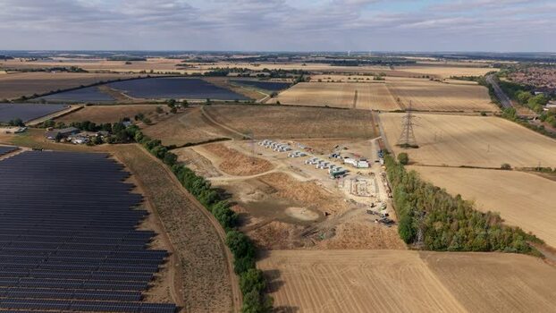 Aerial view of Eaton Socon solar and battery storage United Kingdom. Aerial view of Eaton Socon solar and battery storage United Kingdom.