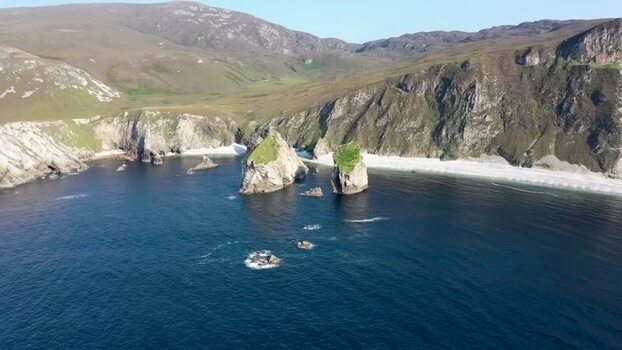 Aerial view of Glenlough Bay sea stacks in Ardara Ireland.