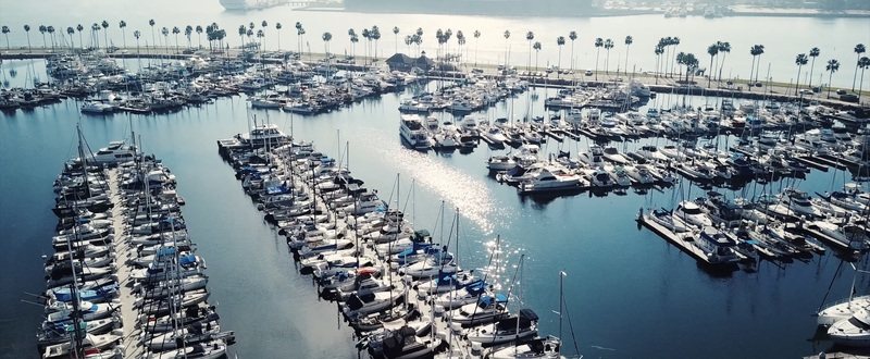 Aerial view of a marina filled with numerous yachts and sailboats docked in rows with palm trees lining the waterfront and calm blue water in Los Angeles California United States.
