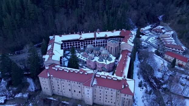 Aerial view of Rila Monastery in winter Bulgaria.