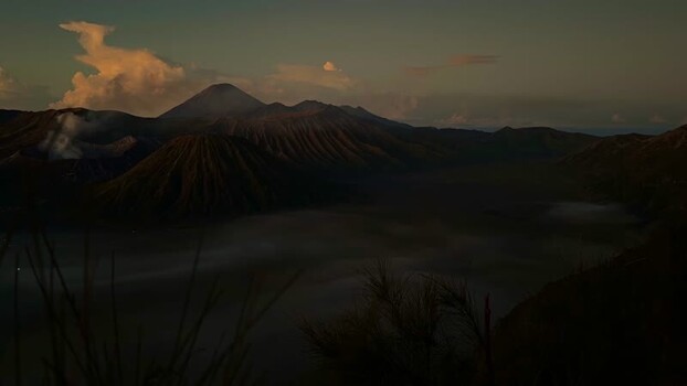 View of Mount Bromo and volcanic landscape Indonesia.