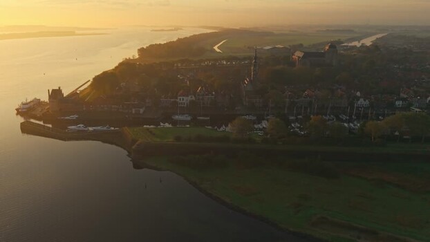 Aerial view of the historic town of Veere at sunrise Netherlands.