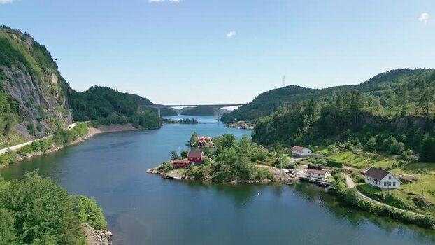 Aerial view of Sogne fjord and red houses in Kristiansand Norway.