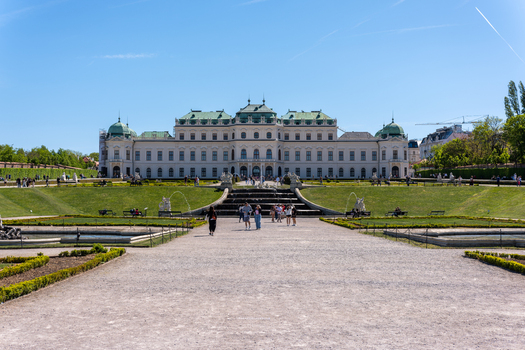 Vienna Austria 25 April 2026 View of the Belvedere Palace with its Baroque architecture manicured gardens fountains and people walking under a clear blue sky. Vienna Austria 25 April 2026 View of the Belvedere Palace with its Baroque architecture manicured gardens fountains and people walking under a clear blue sky.