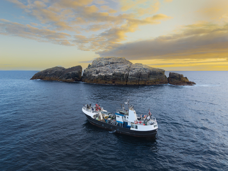 Aerial view of a fishing boat near the rocky Sule Stack island in the North Sea during golden hour in Scotland United Kingdom. Aerial view of a fishing boat near the rocky Sule Stack island in the North Sea during golden hour in Scotland United Kingdom.