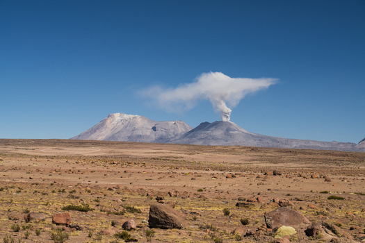 View of Sabancaya volcano erupting with a plume of ash and gas rising into a clear blue sky above the arid landscape of the Andes in Caylloma Province Arequipa Peru.