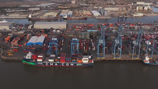 Aerial view of Tilbury Docks and container port United Kingdom.