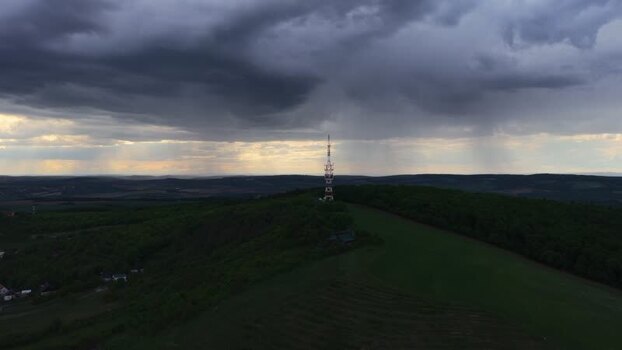 Aerial view of a communication tower on a hill Czechia. Aerial view of a communication tower on a hill Czechia.