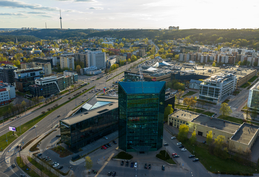 Vilnius County Lithuania 01 May 2026 Aerial view of modern glass office buildings and the Panorama shopping mall with the Vilnius TV Tower standing on the horizon. Vilnius County Lithuania 01 May 2026 Aerial view of modern glass office buildings and the Panorama shopping mall with the Vilnius TV Tower standing on the horizon.