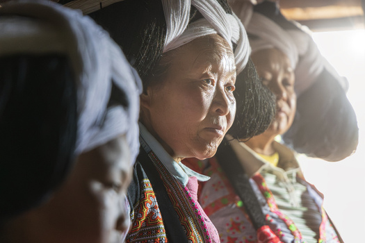 Gaoxing China 29 April 2026 View of Long Horn Miao women wearing traditional horn shaped headdresses and embroidered ethnic clothing in a village. Gaoxing China 29 April 2026 View of Long Horn Miao women wearing traditional horn shaped headdresses and embroidered ethnic clothing in a village.