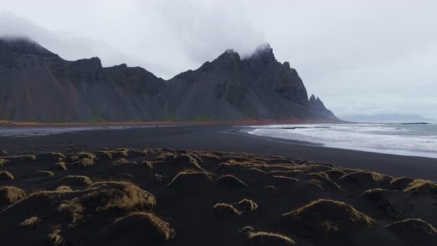Aerial view of Stokksnes black beach Iceland.