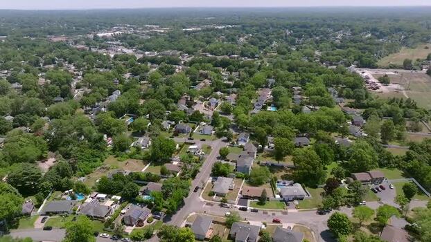 Aerial view of suburban neighborhood in Long Island USA.