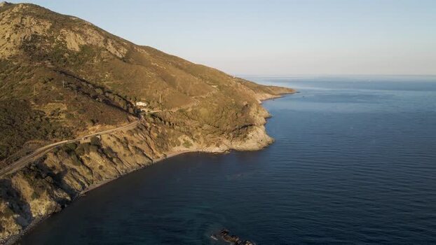 Aerial View of the coastline at sunset Elba Island Tuscany Italy.