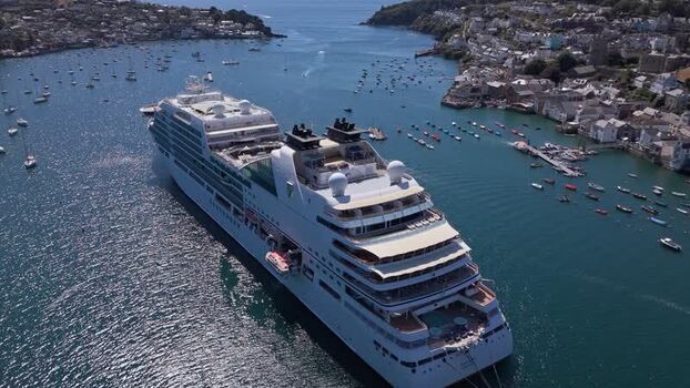 Aerial view of cruise ship in Fowey river United Kingdom. Aerial view of cruise ship in Fowey river United Kingdom.