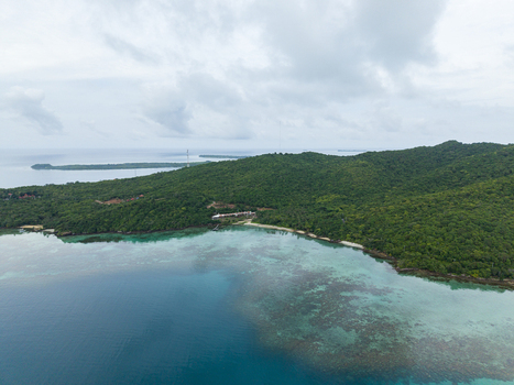 Aerial view of lush greenery embracing the shoreline where turquoise waters meet the sandy beach Cottage Legon Waru Karimunjawa Central Java Indonesia.