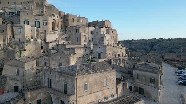 Aerial view of Sassi di Matera historic stone buildings Italy.