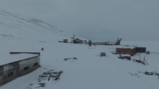 Aerial view of Pyramiden mining town Svalbard and Jan Mayen.