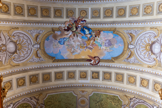 Vienna Austria 26 April 2026 View of the ornate baroque ceiling fresco in the Austrian National Library featuring allegorical figures and intricate gilded stucco decorations. Vienna Austria 26 April 2026 View of the ornate baroque ceiling fresco in the Austrian National Library featuring allegorical figures and intricate gilded stucco decorations.