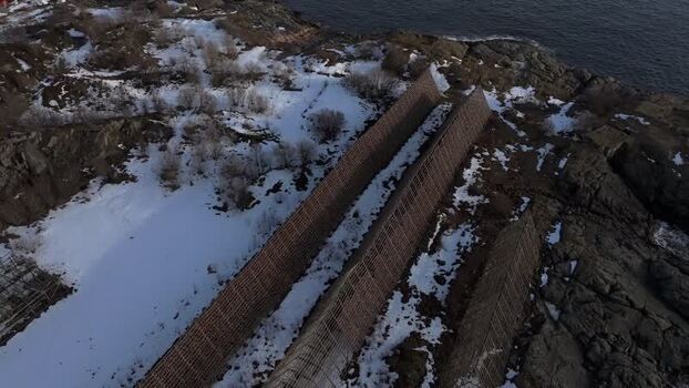 Aerial view of fish drying racks in Lofoten Norway.