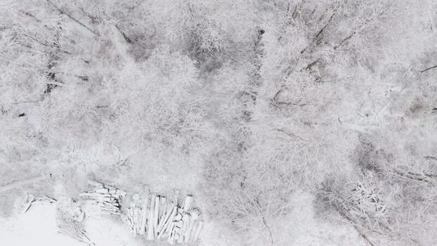 Aerial view of trees and snow covered ground Sweden.