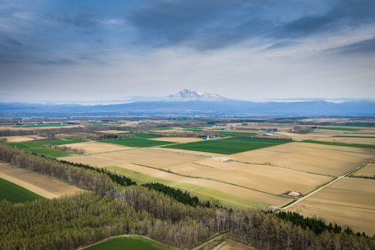 Aerial view of the agricultural landscape near Lake Kussharo with patchwork fields forest belts and distant snow capped mountains under a cloudy sky Teshikaga Hokkaido Japan. Aerial view of the agricultural landscape near Lake Kussharo with patchwork fields forest belts and distant snow capped mountains under a cloudy sky Teshikaga Hokkaido Japan.