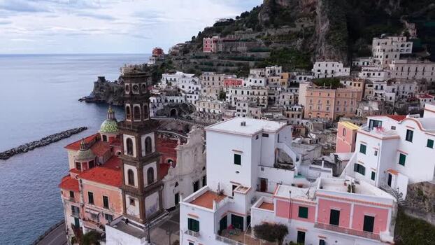 Aerial view of Atrani town and church Italy.