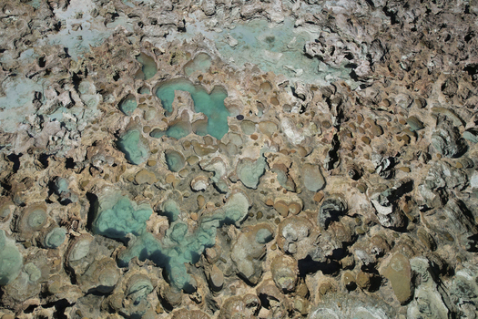Aerial view of turquoise tide pools nestled within rugged rocky terrain along the coastline in Broome Western Australia Australia.