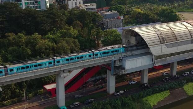 Aerial view of MRT Jakarta train on elevated track Indonesia.