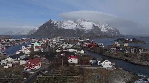 Aerial view of Lofoten coastal village in Norway.